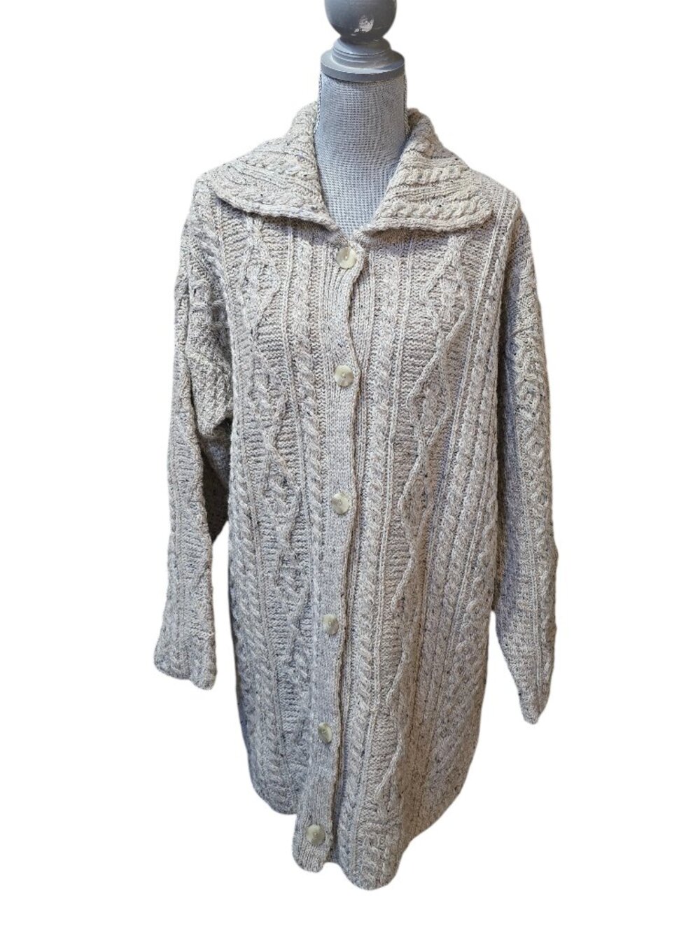 Kilronan Knitwear Wool Cableknit Cardigan Oatmeal Specks XL